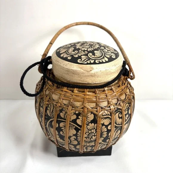 Handcrafted Vintage Thai Rice Basket Woven Rattan Floral Painted Wood Lid