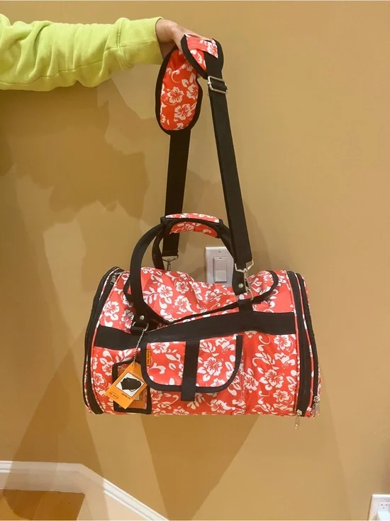 Red Floral Pet Travel Bag with Black Accents