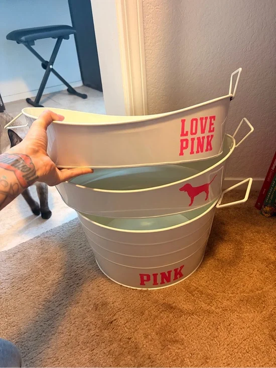 PINK Victoria's Secret White Metal Storage Bins with Pink Logos - Nesting Set