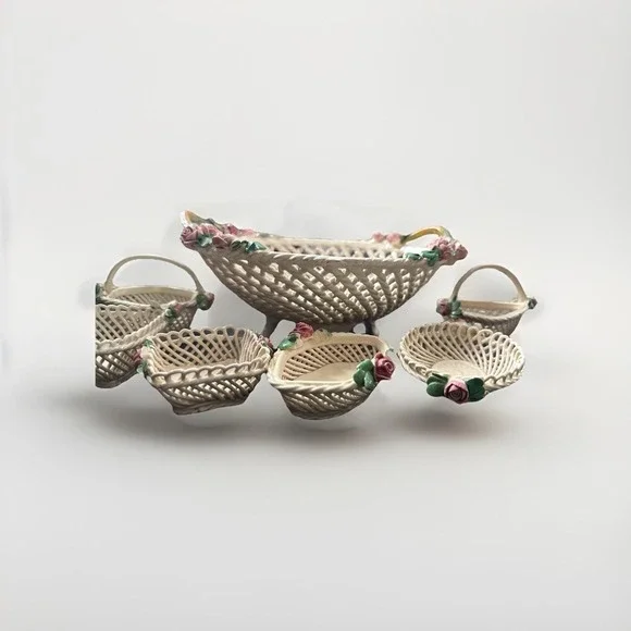 Vintage Woven Italy Campidomite Basket And Trinket Boxes Porcelain (belleek??)