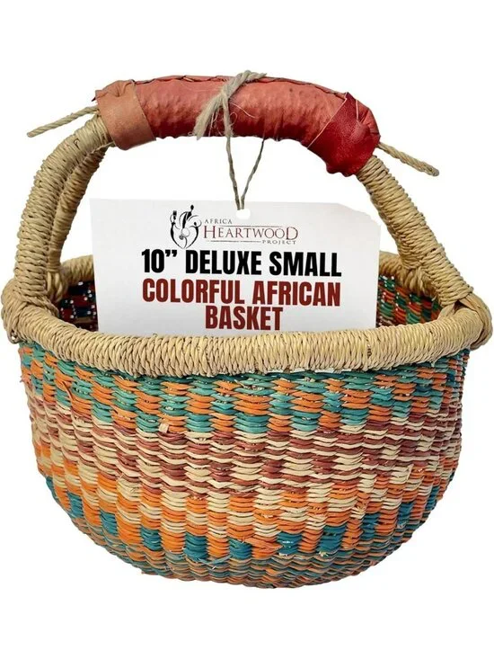 Handmade Colorful African Basket with Leather Handles - 10