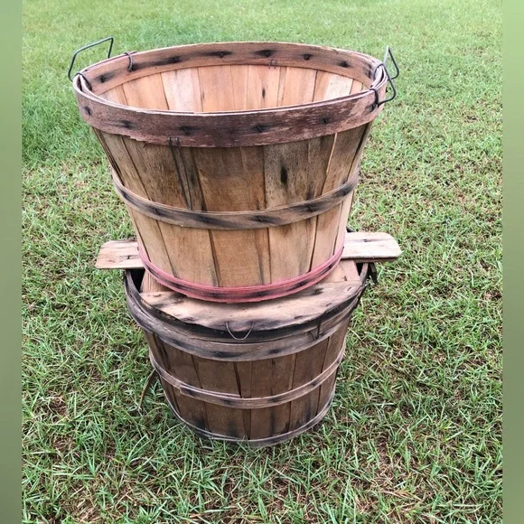 Wood Bushel Basket Vintage Primitive Handles Apple Peach Farmhouse Set Of 2