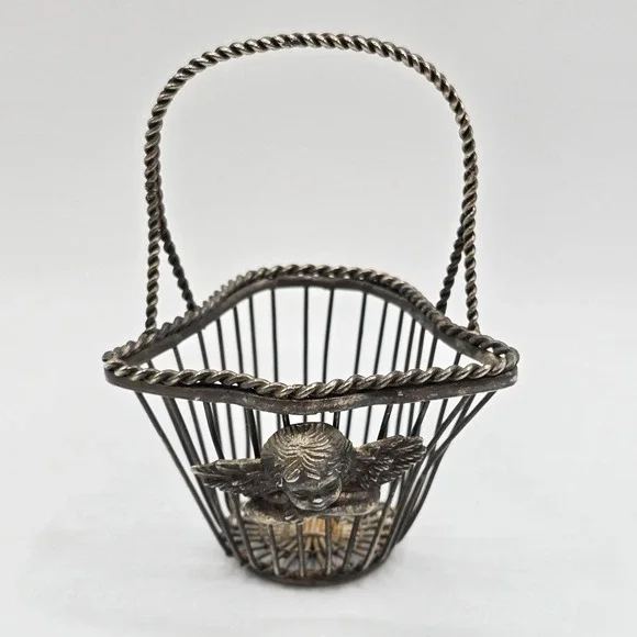 Vintage Silver Tone‎ Wire Metal Decorative Mini Basket Angel Cherub On Front