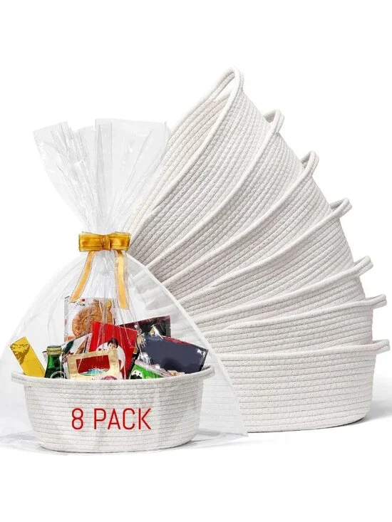 8 Pack Small Woven Baskets with Gift Bags & Ribbons - Cute Nursery Storage Bins