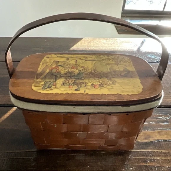 Vintage Wooden Decoupage Basket with Lid Anton Pieck The Flower Stall Lined
