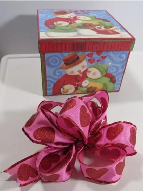 VTG Snowman Family LOVE Gift Storage Box &Heart Bow Winter Valentine cottagecore