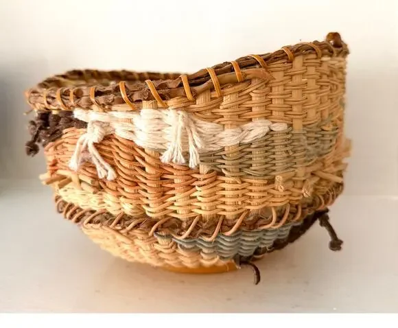 Vintage Handcrafted Tapestry Basket Woven Signed Artisan Folk Art Edna Zaremba
