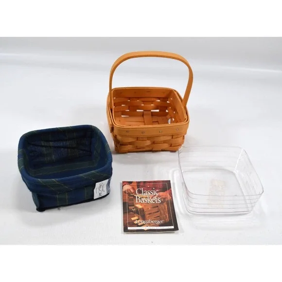 Longaberger‎ 2001 Tarragon Basket Blue Cloth Liner Clear Protector Single Handle