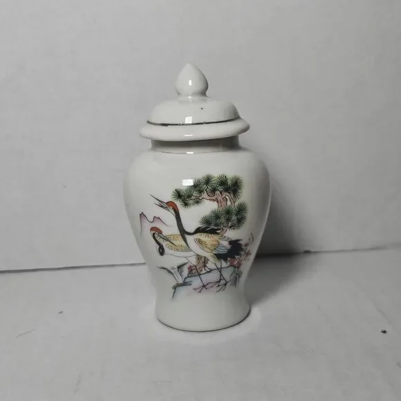 Vintage Porcelain Ginger Jar with Lid & Crane Floral Decor Japan