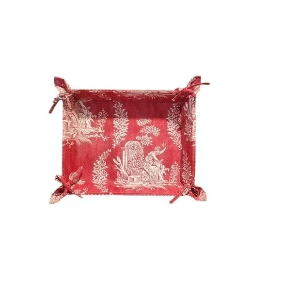 Red Toile de Jouy Fabric‎ Bread Basket Tie Corner Rectangular Vanity Tray French