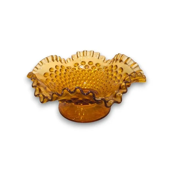 Vintage Fenton Hobnail Amber Candy Dish Footed Ruffled Edge 8''