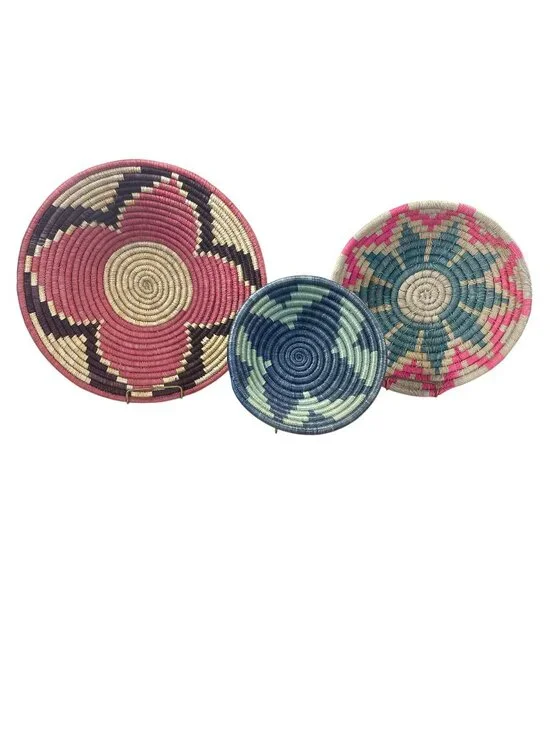 Set of 3 East African Colorful Coiled Baskets Bowls Structured Wall Art