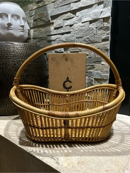 Vintage Bent Bamboo and  Natural Rattan Handled Basket