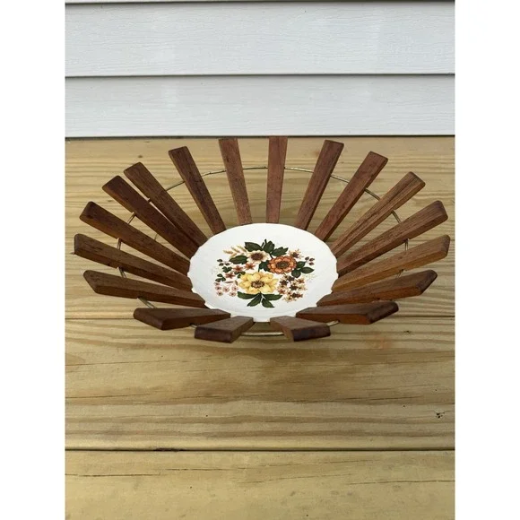Vintage  MCM Slatted Teak Wood Fruit Bowl w/ Hand-Painted Porcelain Base Basket