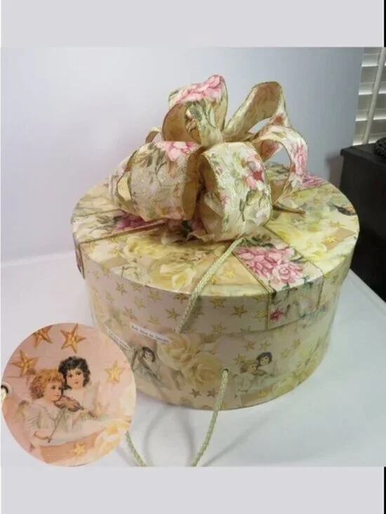 Vintage Cherub Angel Large Round Hat Box Floral Wired Bow Yellow Roses Stars