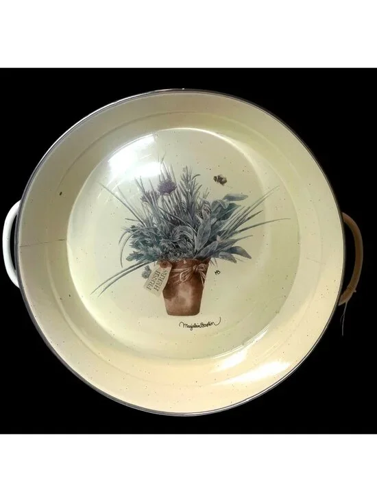 Marjolein Bastin Fresh Herbs Enamel Serving Bowl With Handles & Green Checker De