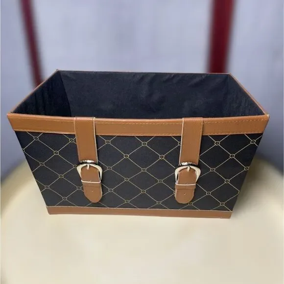 Elegant Black Fabric Storage Bin w/Brown Faux Leather Accents & Monogram Print