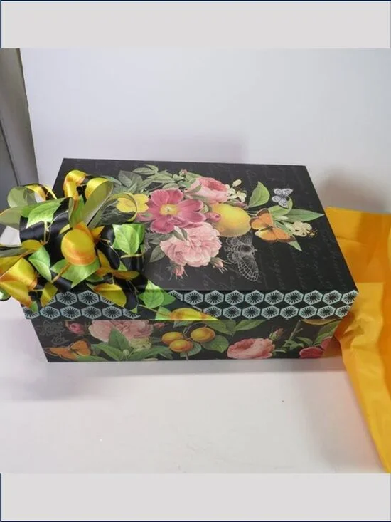 VTG Victorian Black Botanical Floral & Fruit Gift Box Storage 11x8 With Bow
