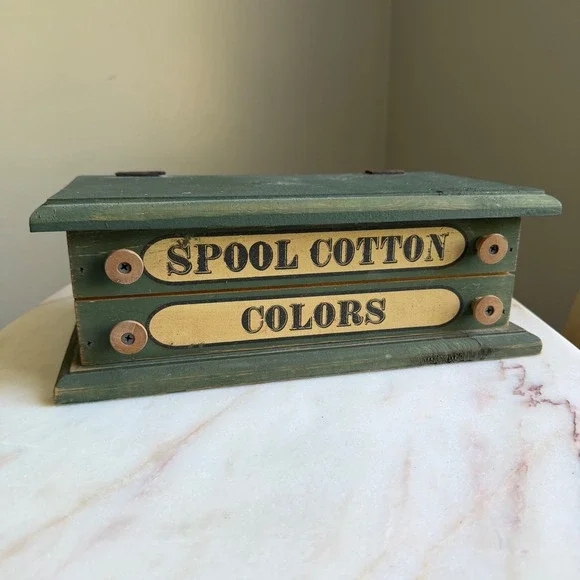 Wooden Spool Cotton Colors Sewing Box Rustic Green Storage‎ Chest 13.5in