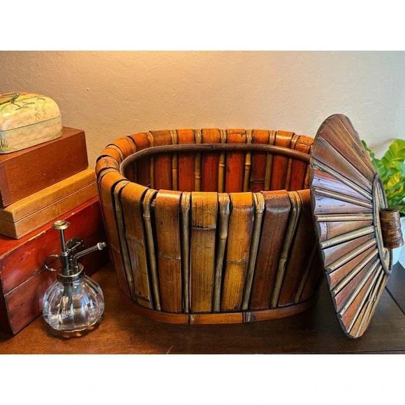 Large Vintage Bamboo Lidded Storage Box 15