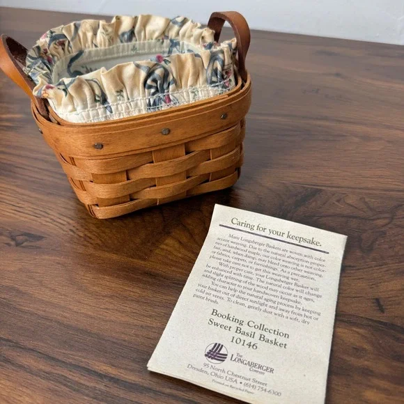 Longaberger Sweet Basil Basket 10146 Booking Collection Leather Handles Liner