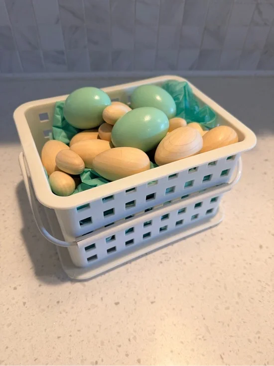 Wooden Decorative Eggs in Mint and Natural With Basket - Home Accents