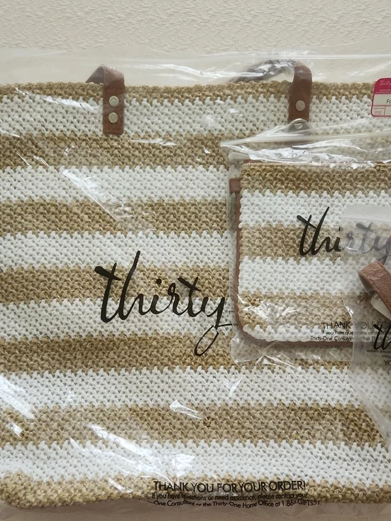 thirty-one Striped Woven Tote and Pouch in White and Tan