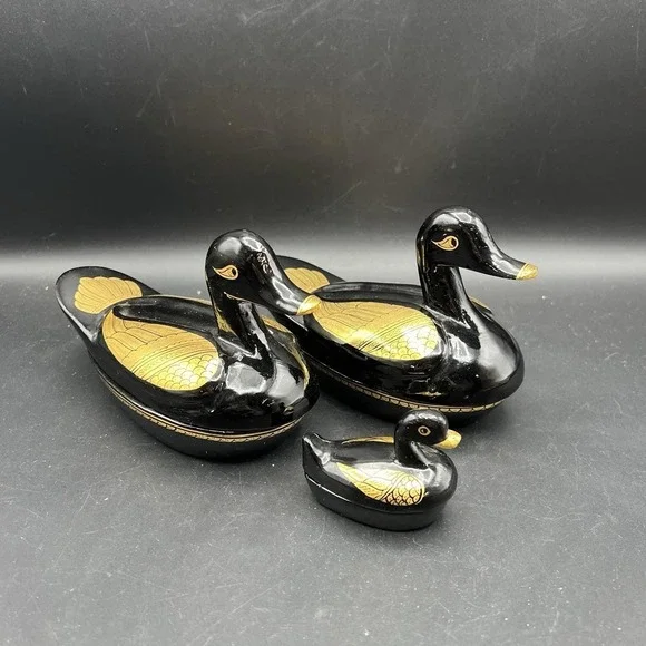 Vintage Black And Gold Gilded Lacquered Duck Wood Trinket Box Set Family Of 3