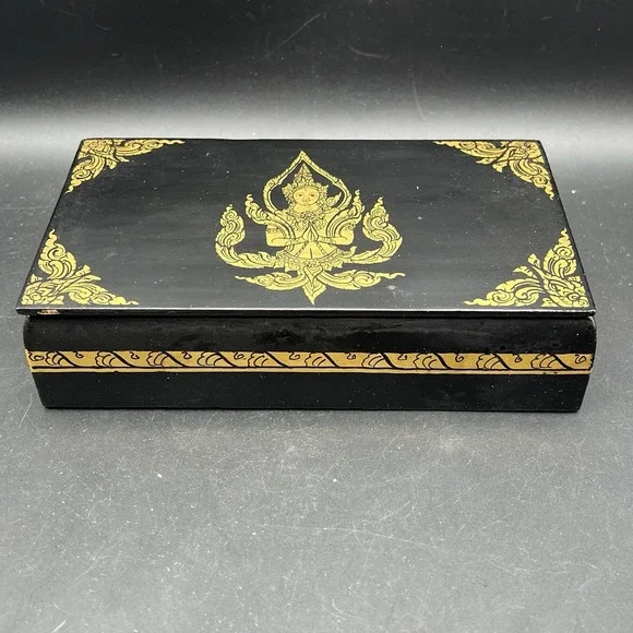 VTG Thai Black & Gold Lacquerware Handcrafted Wood Trinket Box Deity Motif 7