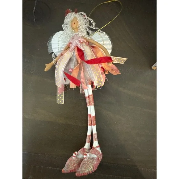 Whimsical Pink Red Fairy Christmas Ornament Striped Legs Glitter 9 Inch 212