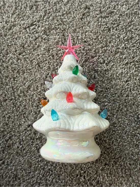 Iridescent White Ceramic Christmas Tree with Colored Bulb Lights