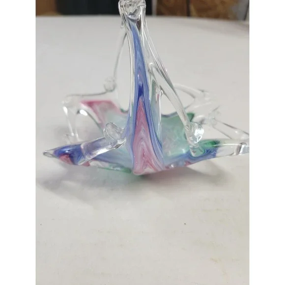 Vintage Art Glass Basket Swirl‎ Murano Hand Blown Star Base 5.5 Inch