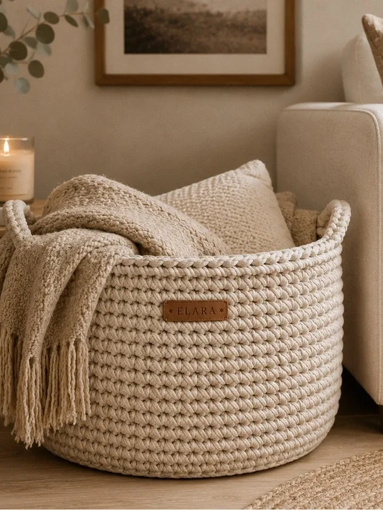 ELARA Handmade Neutral Knit Blanket Basket