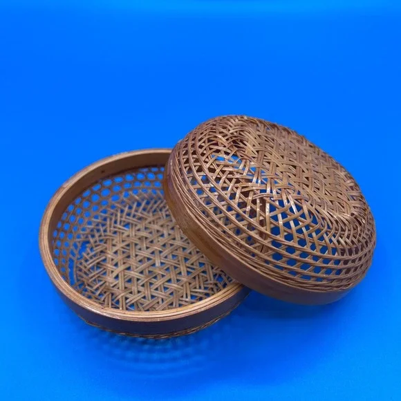 Vintage Small Woven Bamboo Trinket Box with Lid Round Decorative Basket 4