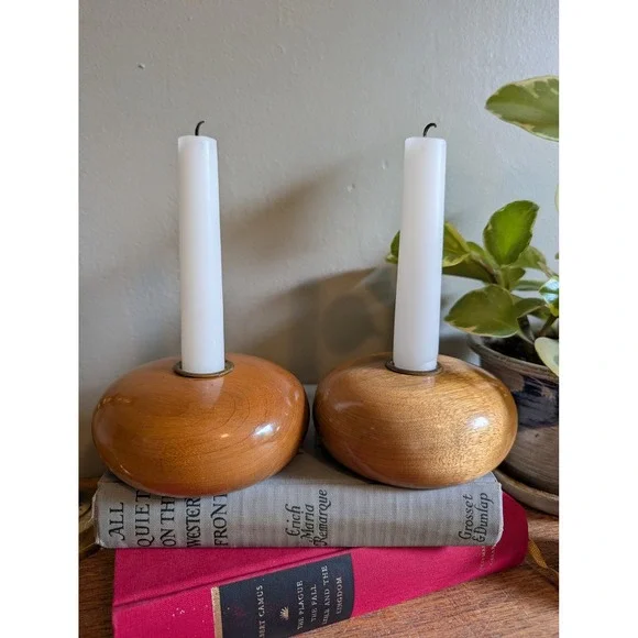 Vintage MCM Myrtlewood Hand Turned Wood Taper Candle Holders Set of 2