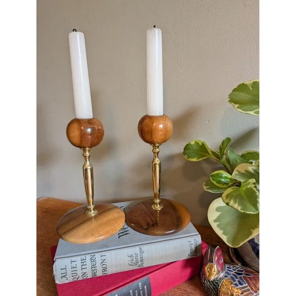 Vintage Myrtlewood Candlestick Holders Set Oregon Hand Turned Wood MCM 6 Inch