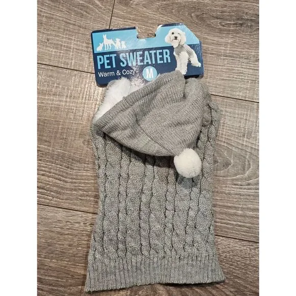 NEW Pet Sweater Size M Grey Knit Dog Sweater with Hood and Pom
