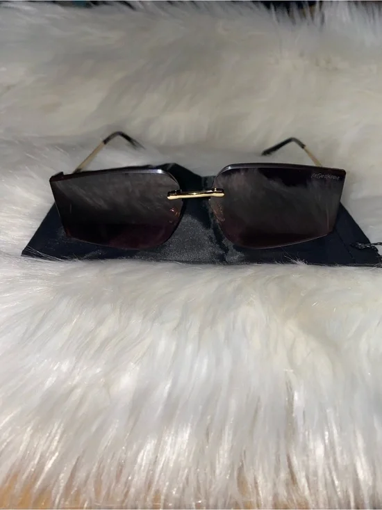 Rectangular Rimless Sunglasses with Gold Bridge - Dark Brown Lenses