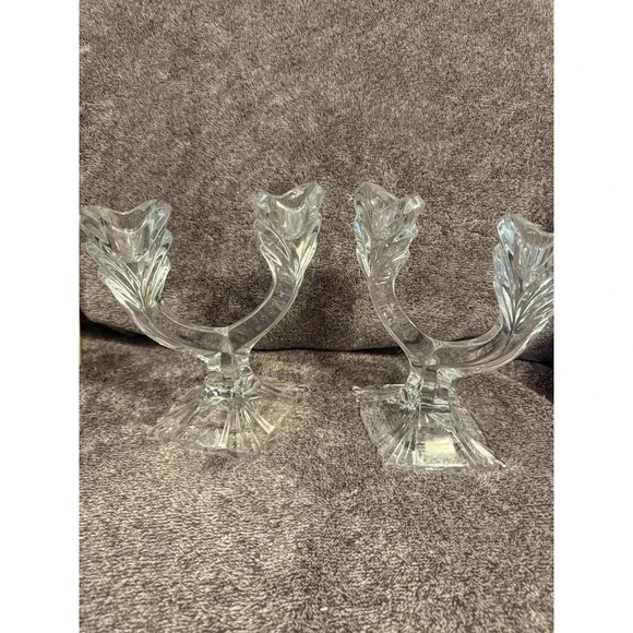 2 Vintage Clear Crystal Double Candle Holders honour Slovakia 7