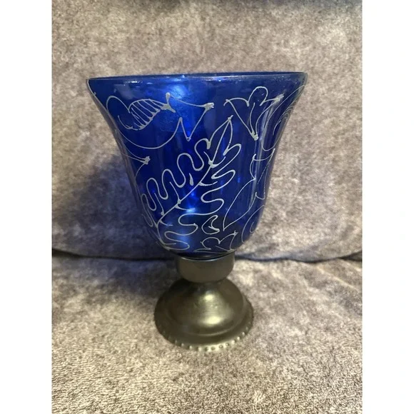Mid-Century Cobalt Blue Glass Hurricane Goblet Candle Holder Silver Metal Base
