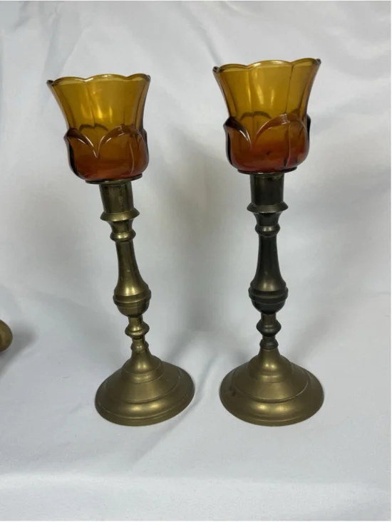 Pair Solid Brass Candlesticks Amber Glass Tulip Votive Holders Made In India