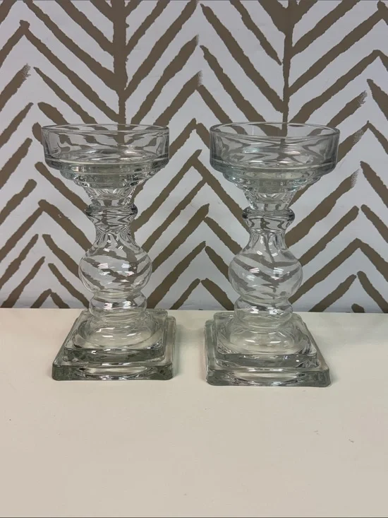 Set of 2 Clear Glass Candle Holders