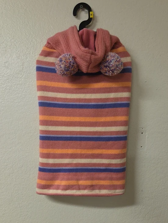Striped Knit Pom-Pom Hooded Neck Warmer in Rose, Peach & Blue