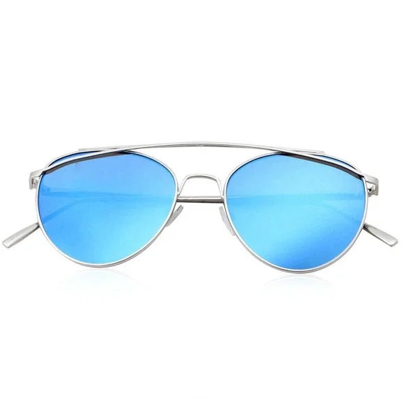 Sunglasses Blue Mirror Reflective Lens Silver‎ Frame Fashion Pilot Style UV400