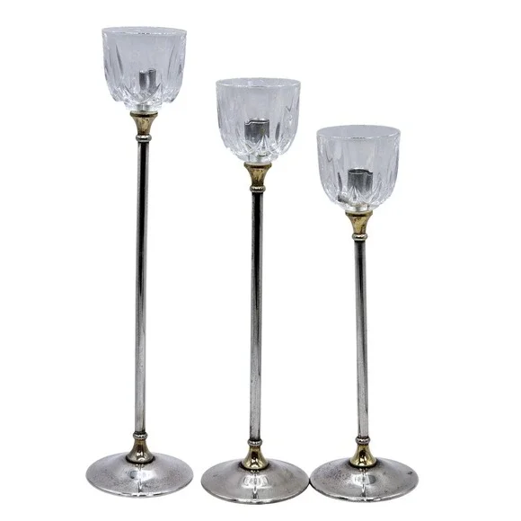 Landes Argente Silver Plate Italian Crystal Candlesticks Set of‎ 3 Vintage