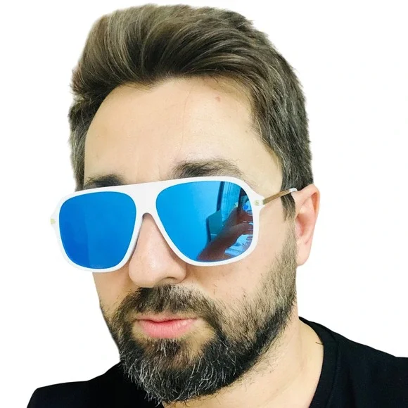 Aviator Sunglasses White Frame Blue Lens Men's Fashion Retro Luxury Square Trend
