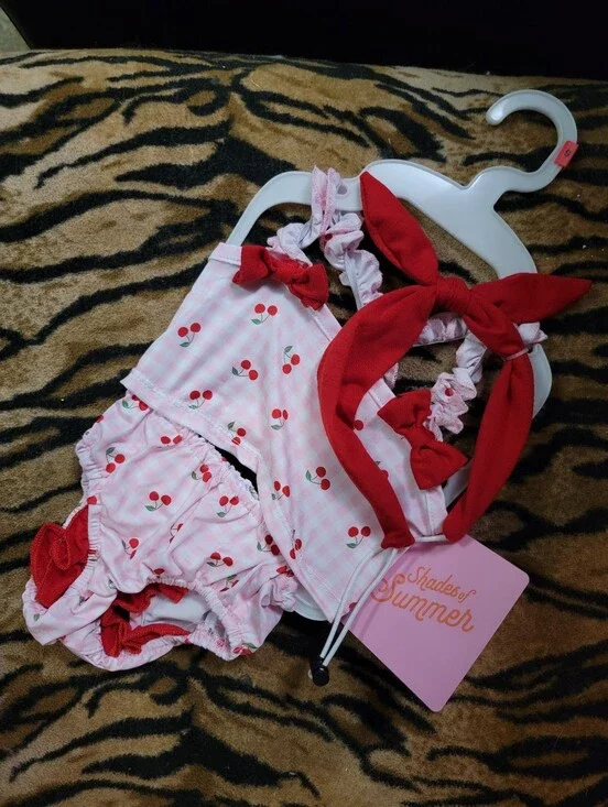 Pet Dog Or Cat 2 Piece Bikini Bathing Suit Pink Cherry W Headband Sz Small