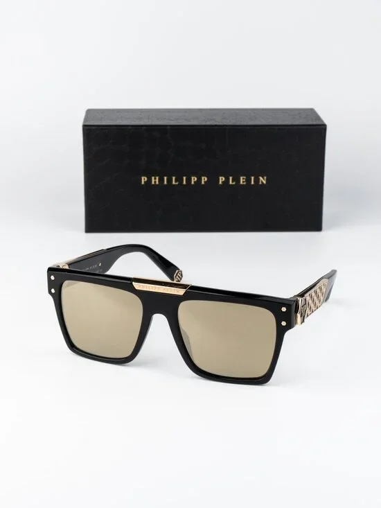 Philipp Plein Men Sunglasses Black Gold Mirror Square SPP080 700G NEW AUTHENTIC