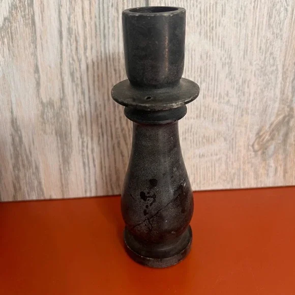 Vintage Black Soapstone Candlestick Holder Hand Carved Stone Taper Pillar 6.5