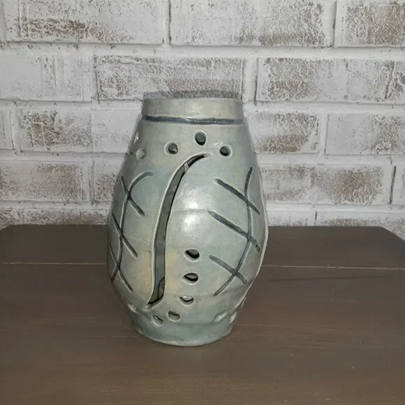 Nellie Segna Stoneware Candle Holder Etched/Eyelets Country Farmhouse